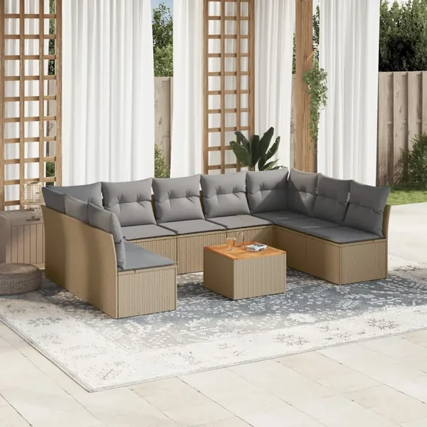 Salon de jardin avec coussins 10 pcs beige résine tressée
