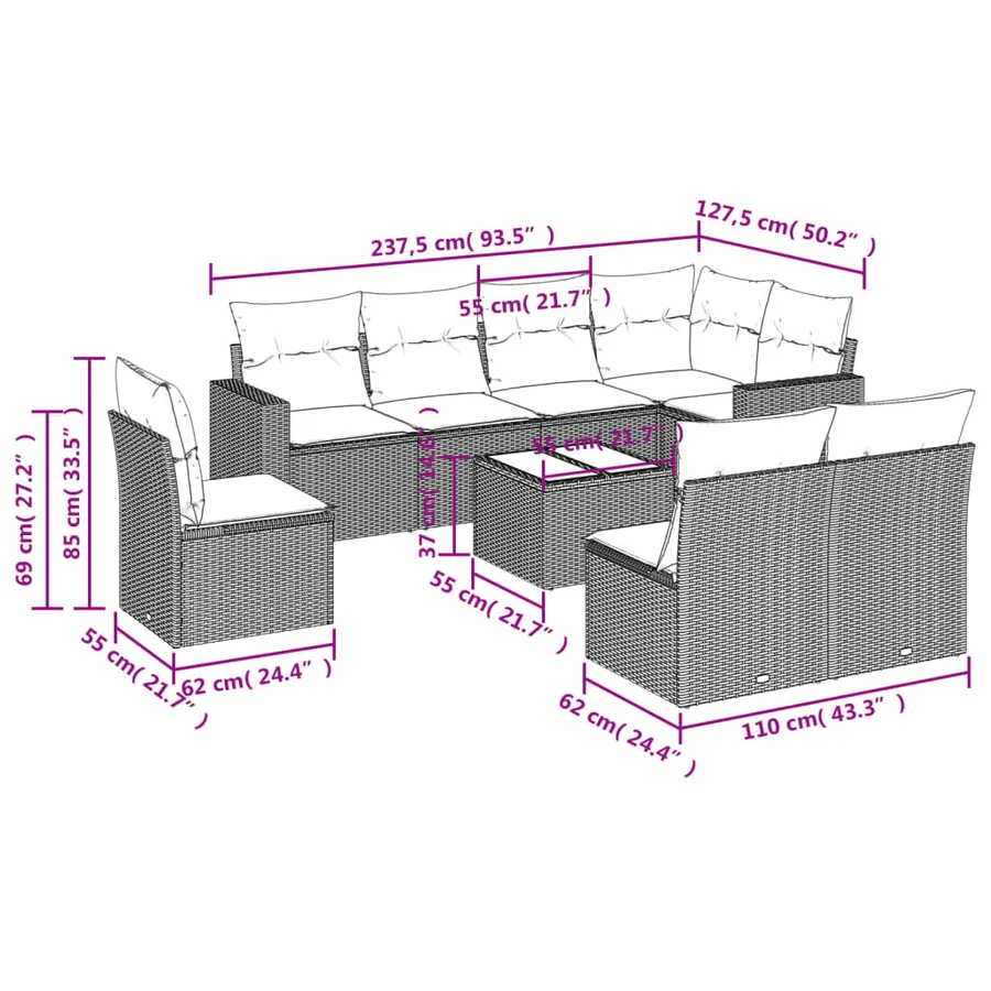 Salon de jardin avec coussins 9 pcs beige résine tressée - 3