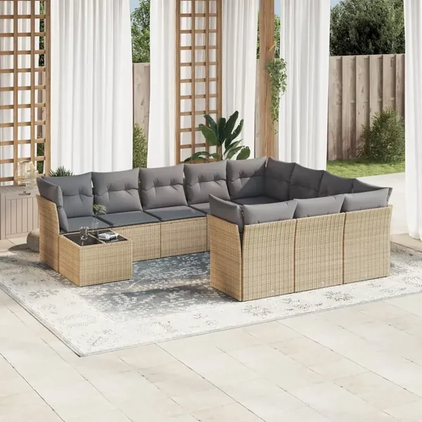Salon de jardin 11 pcs avec coussins beige résine tressée
