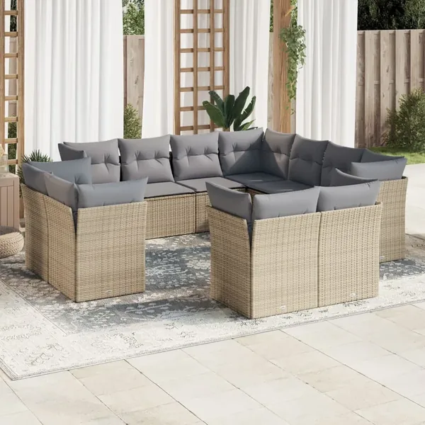 Salon de jardin 11 pcs avec coussins beige résine tressée