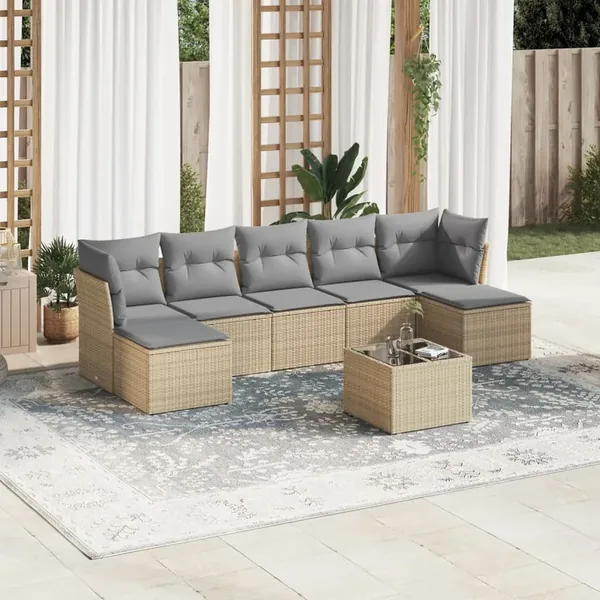 Salon de jardin avec coussins 8 pcs beige résine tressée