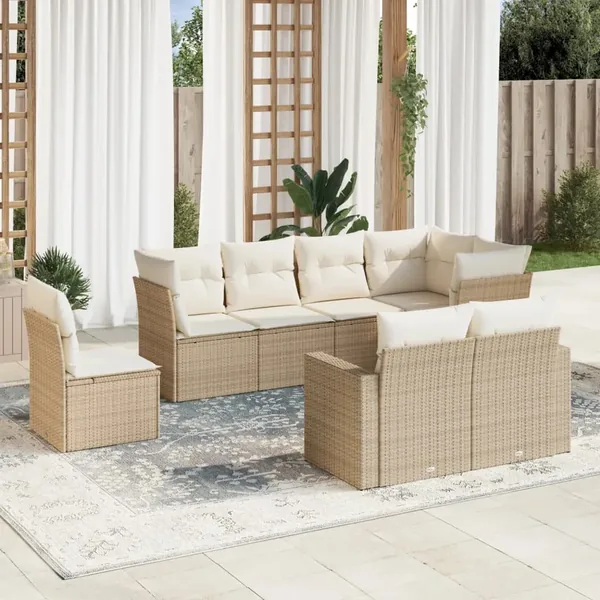Salon de jardin avec coussins 8 pcs beige résine tressée