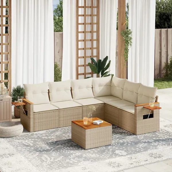 Salon de jardin avec coussins 7 pcs beige résine tressée