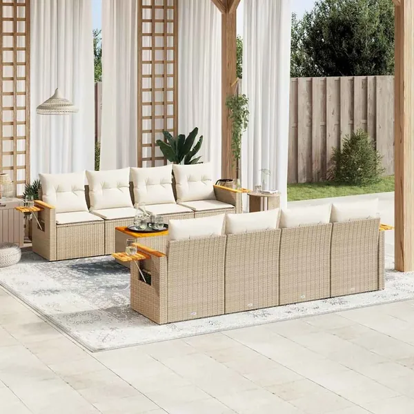 Salon de jardin avec coussins 9 pcs beige résine tressée