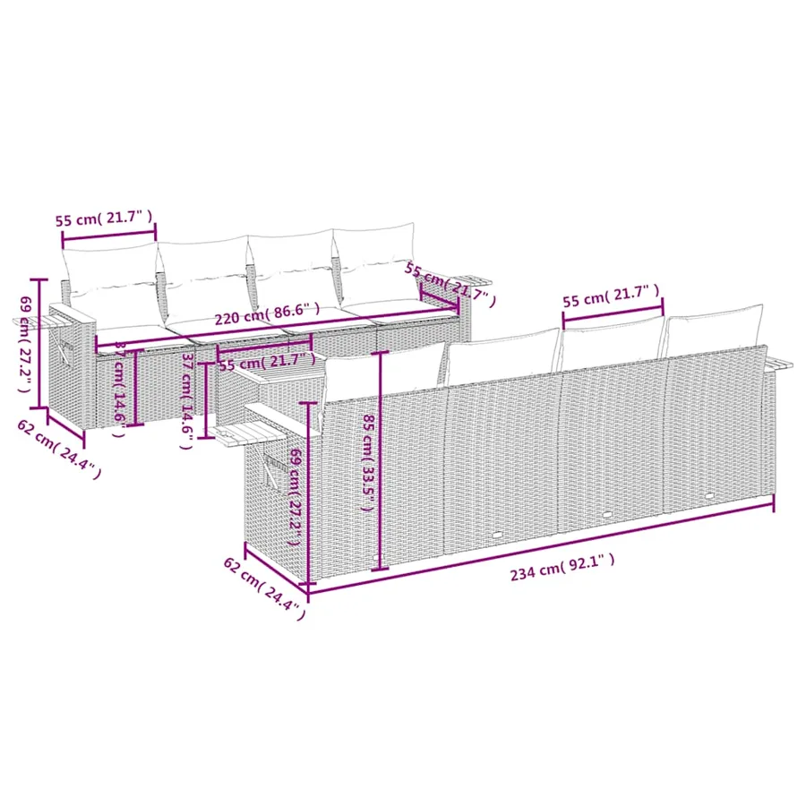 Salon de jardin avec coussins 9 pcs beige résine tressée - 8