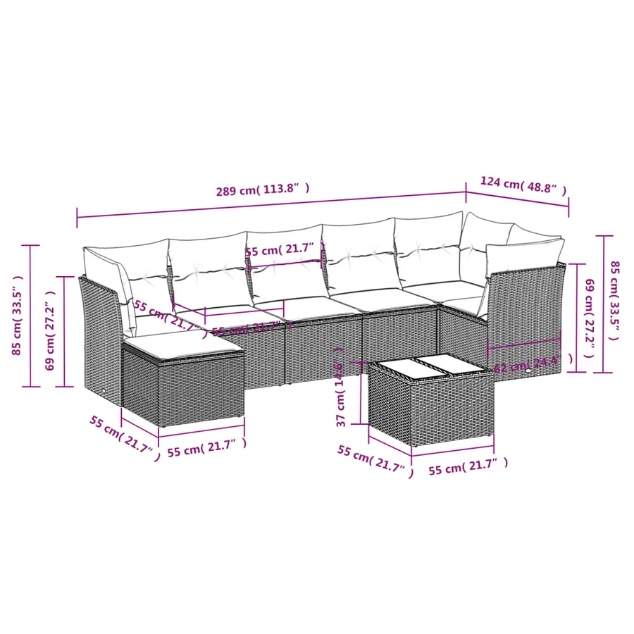 Salon de jardin 8 pcs avec coussins noir résine tressée - 8