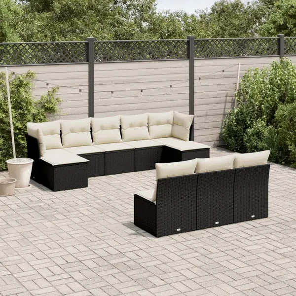 Salon de jardin 10 pcs avec coussins noir résine tressée