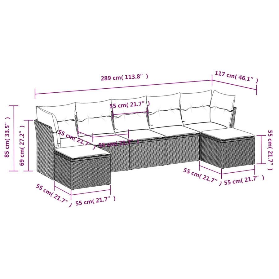 Salon de jardin 7 pcs avec coussins noir résine tressée 55 x 62 x 69 cm - 53,7 kg - 3