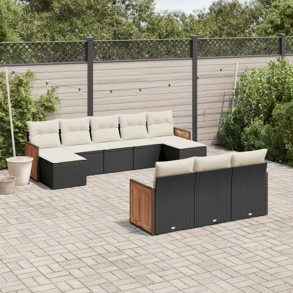 Salon de jardin 10 pcs avec coussins noir résine tressée