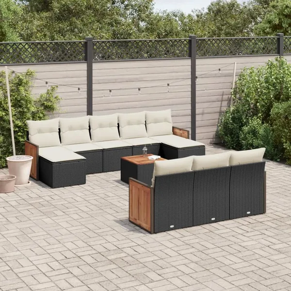 Salon de jardin 11 pcs avec coussins noir résine tressée