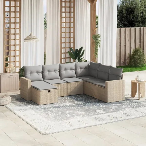 Salon de jardin avec coussins 7pcs mélange beige résine tressée