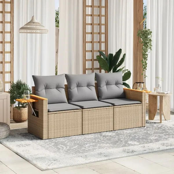 Salon de jardin avec coussins 3 pcs beige résine tressée