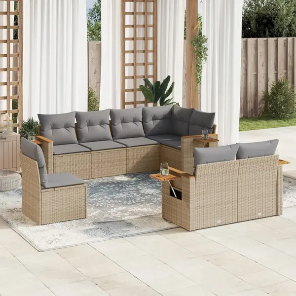 Salon de jardin avec coussins 8 pcs beige résine tressée