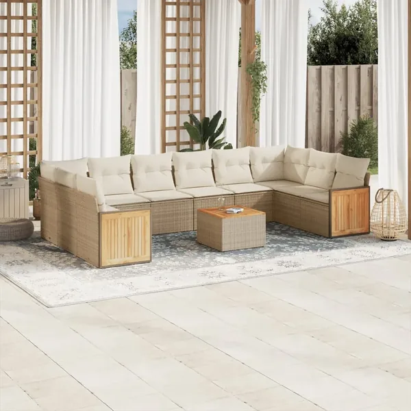 Salon de jardin 11 pcs avec coussins beige résine tressée