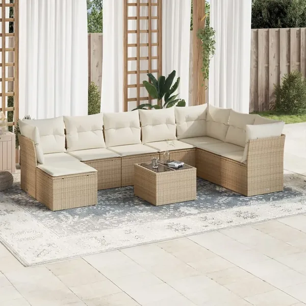 Salon de jardin avec coussins 9 pcs beige résine tressée