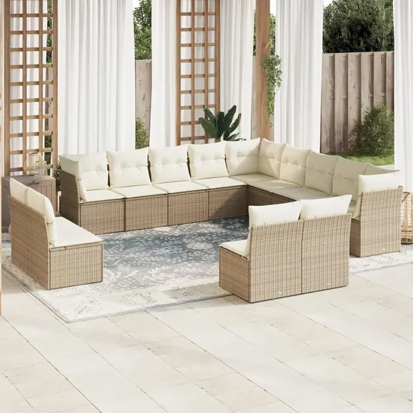 Salon de jardin avec coussins 12 pcs beige résine tressée