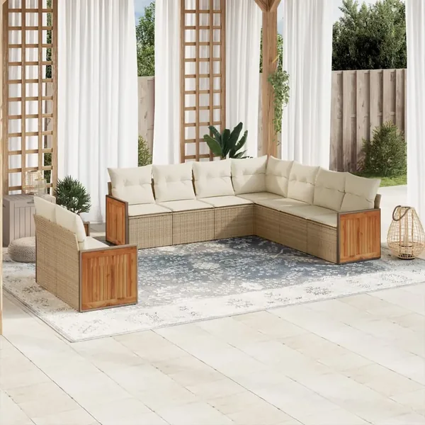 Salon de jardin avec coussins 9 pcs beige résine tressée