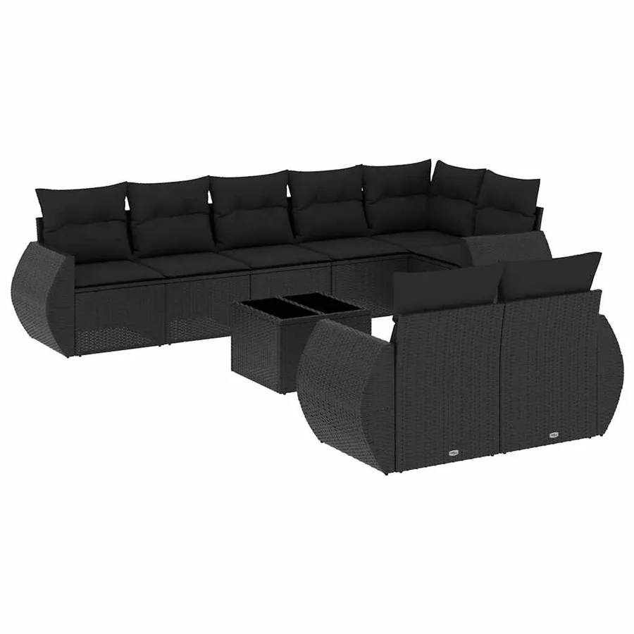 Salon de jardin 9 pcs avec coussins noir résine tressée - 2