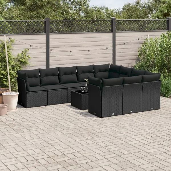 Salon de jardin 11 pcs avec coussins noir résine tressée