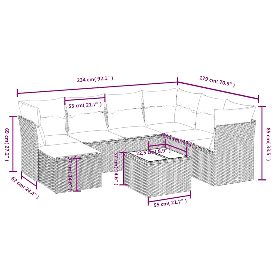 Salon de jardin 8 pcs avec coussins noir résine tressée - 4