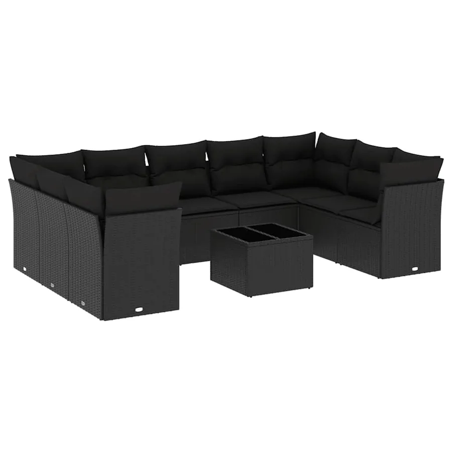 Salon de jardin 10 pcs avec coussins noir résine tressée - 2