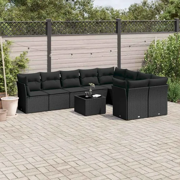 Salon de jardin 10 pcs avec coussins noir résine tressée