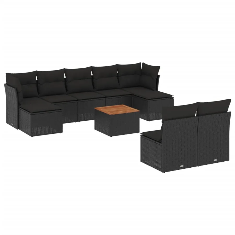 Salon de jardin 10 pcs avec coussins noir résine tressée - 2