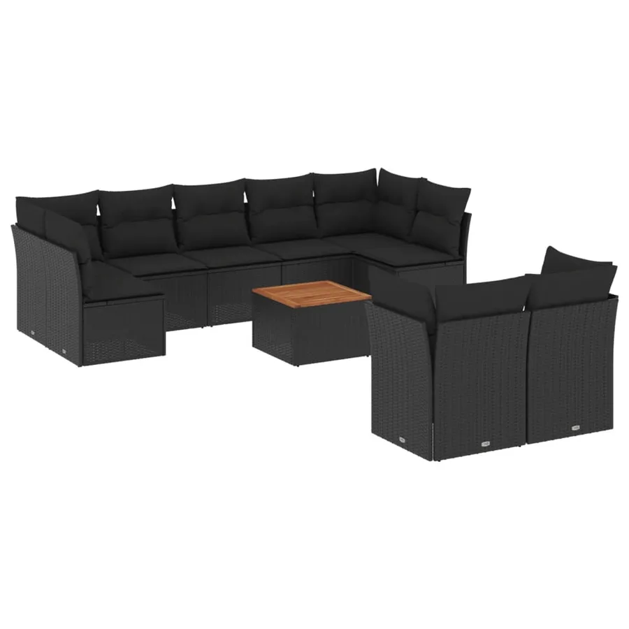 Salon de jardin 10 pcs avec coussins noir résine tressée - 2