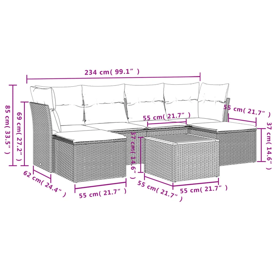 Salon de jardin 7 pcs avec coussins noir résine tressée 62 x 62 x 69 cm - 52,7 kg - 3