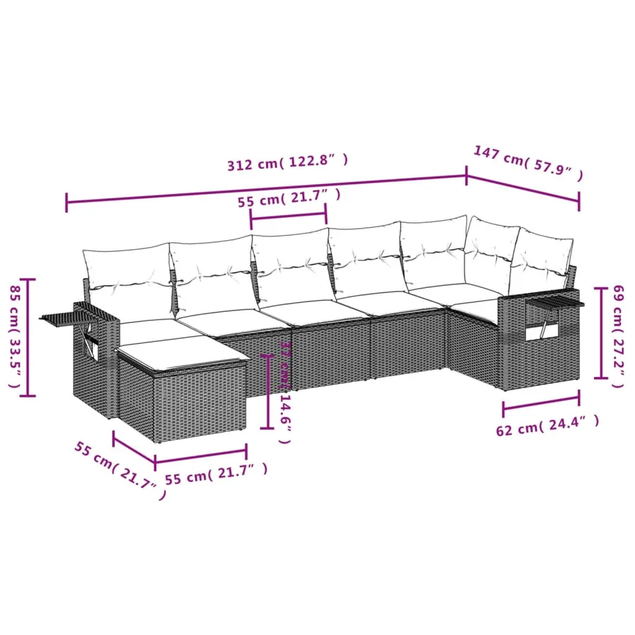 Salon de jardin 7 pcs avec coussins noir résine tressée 62 x 62 x 69 cm - 55,9 kg - 9