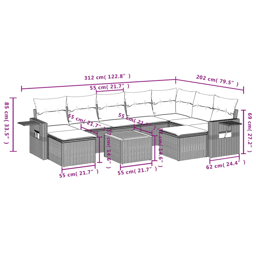 Salon de jardin 10 pcs avec coussins noir résine tressée - 9