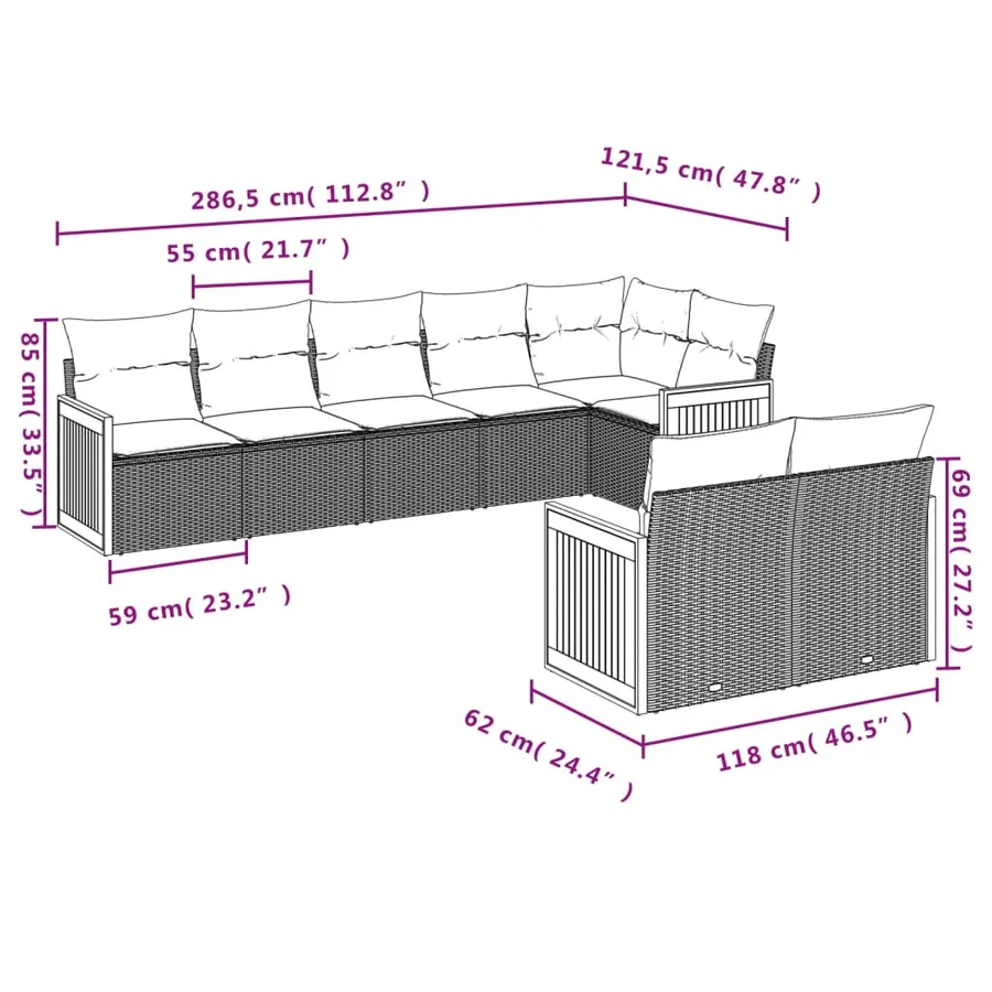 Salon de jardin 8 pcs avec coussins gris résine tressée - 7