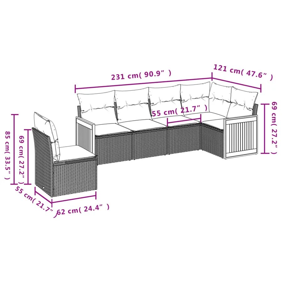 Salon de jardin 6 pcs avec coussins gris résine tressée - 7