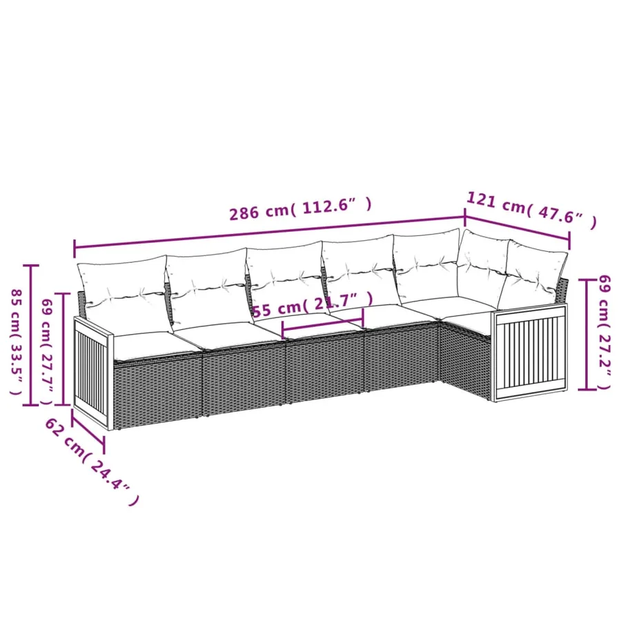 Salon de jardin 6 pcs avec coussins gris résine tressée - 7