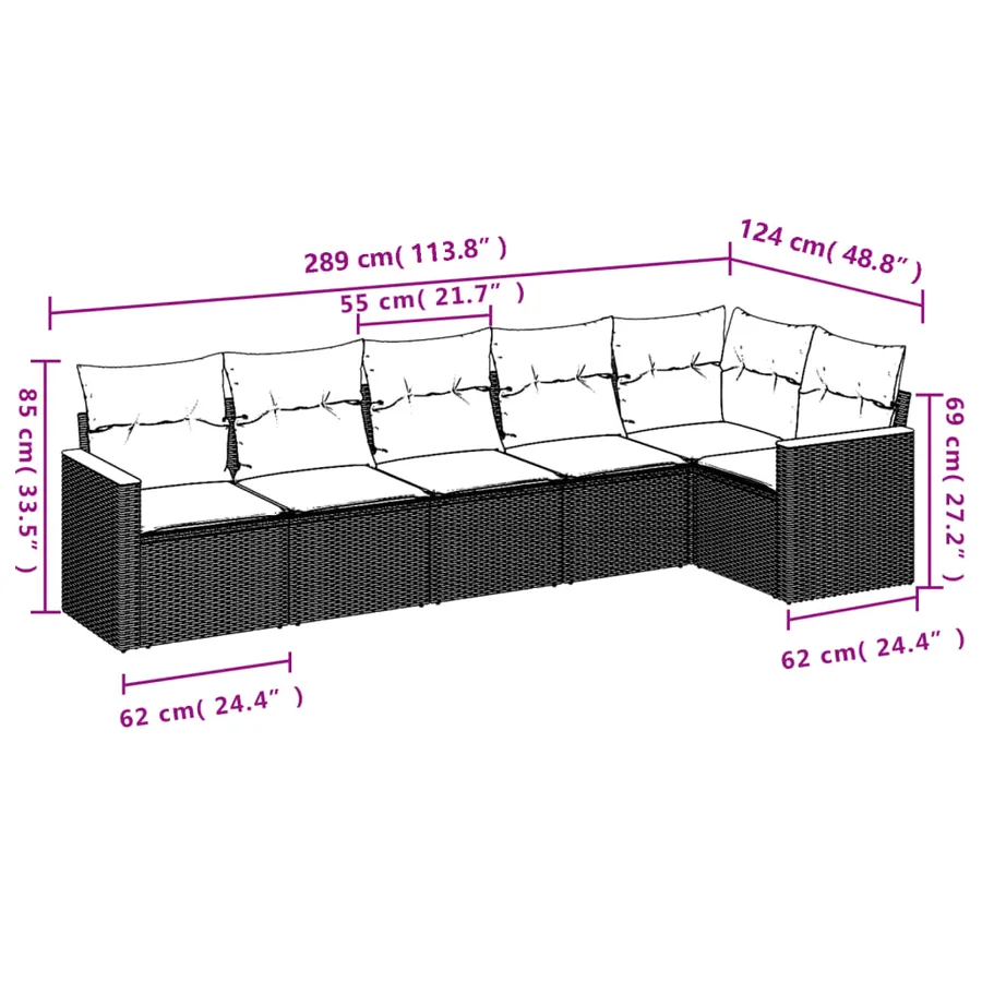 Salon de jardin 6 pcs avec coussins gris résine tressée - 7