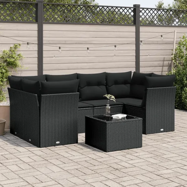 Salon de jardin 7 pcs avec coussins noir résine tressée 62 x 62 x 69 cm - 63,8 kg