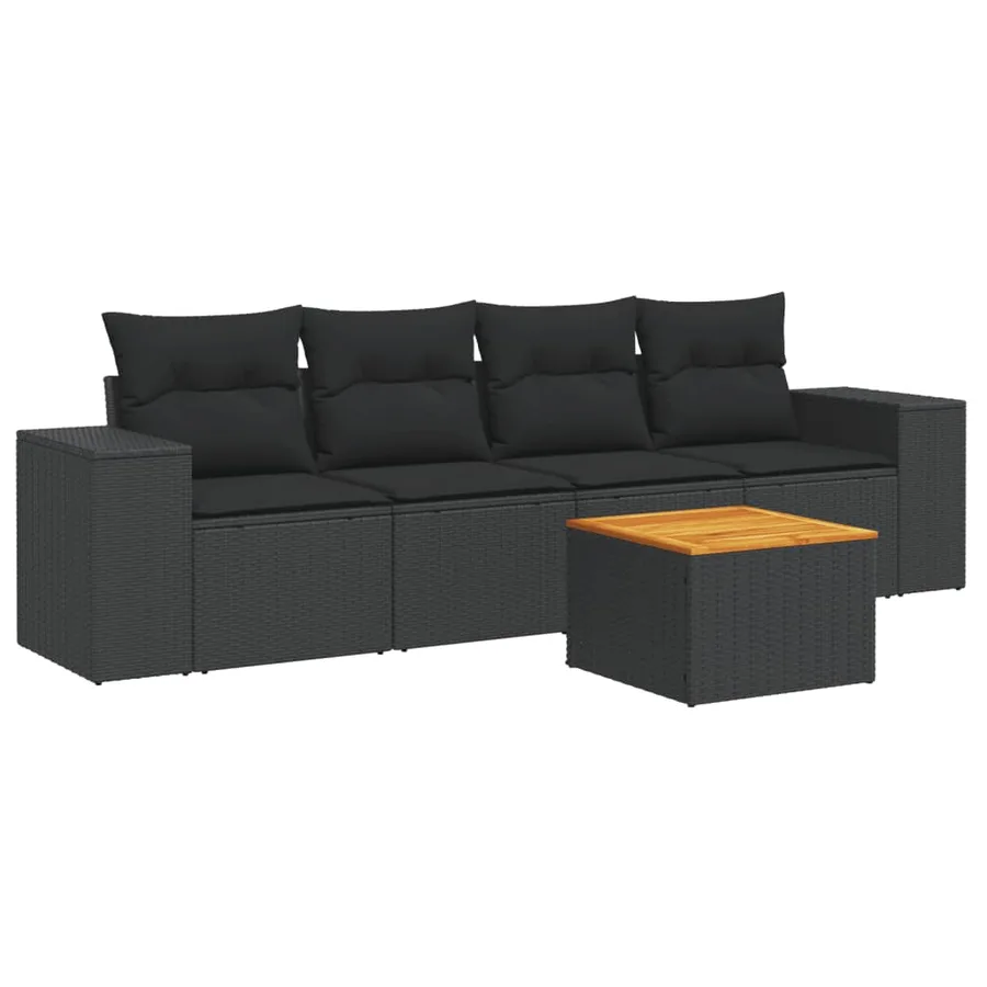 Salon de jardin 5 pcs avec coussins noir résine tressée - 2