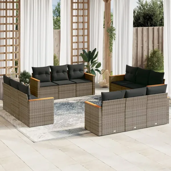Salon de jardin avec coussins 12 pcs gris résine tressée