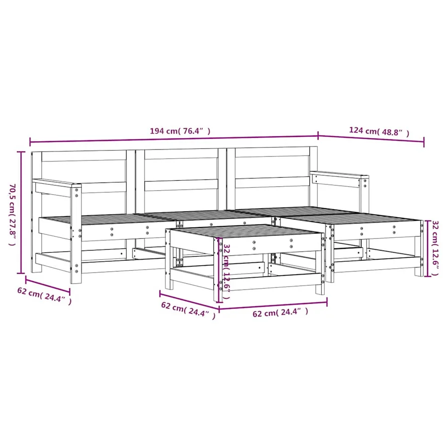 Salon de jardin 5 pcs blanc bois massif de pin - 7