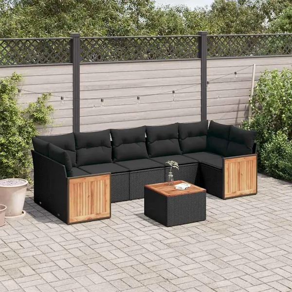 Salon de jardin 8 pcs avec coussins noir résine tressée
