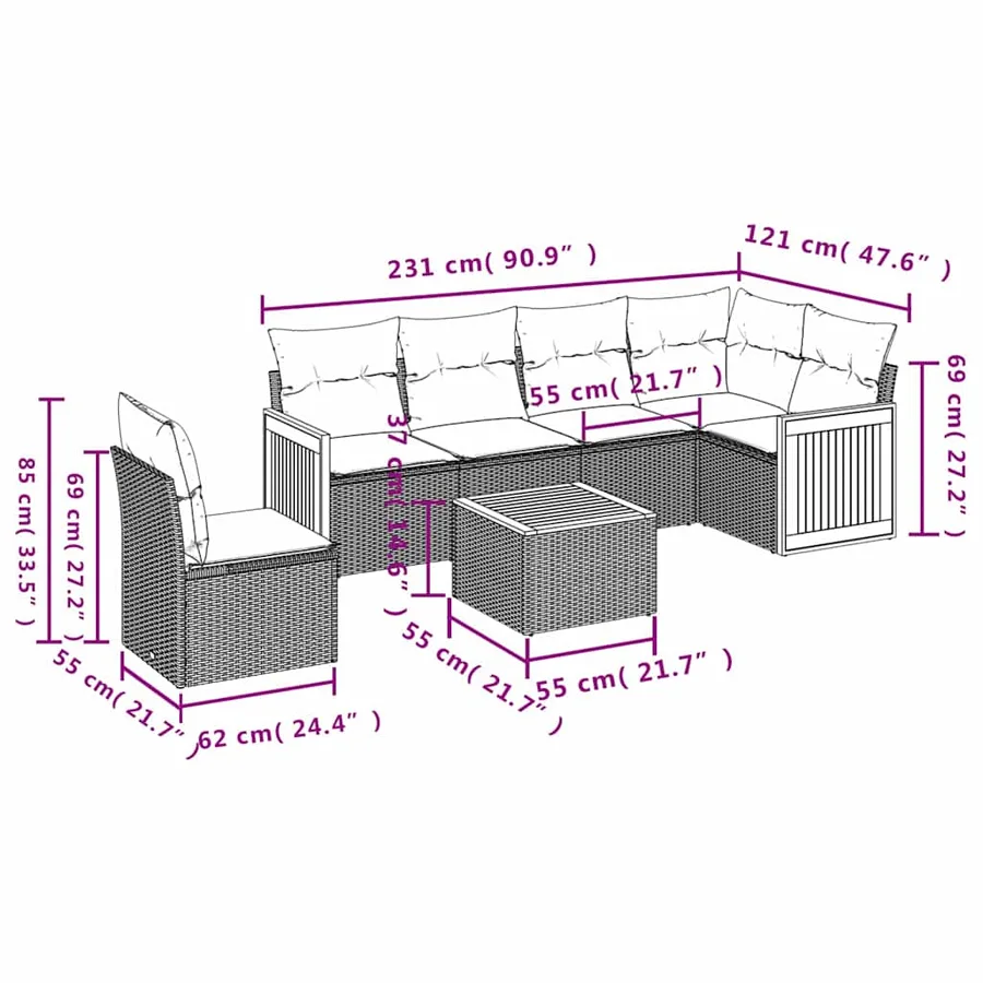 Salon de jardin 7 pcs avec coussins noir résine tressée 62 x 62 x 69 cm - 57,3 kg - 8