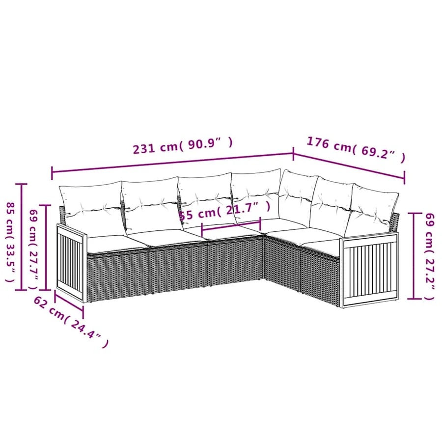 Salon de jardin 6 pcs avec coussins noir résine tressée - 7