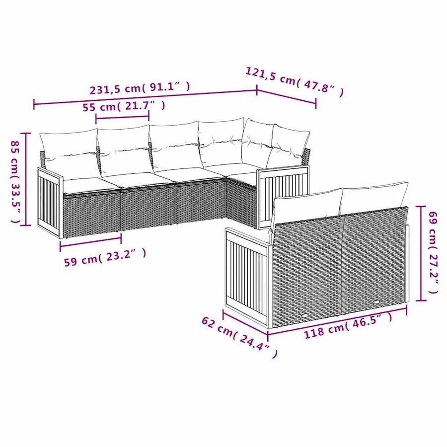 Salon de jardin 7 pcs avec coussins noir résine tressée 62 x 62 x 69 cm - 65,4 kg - 7