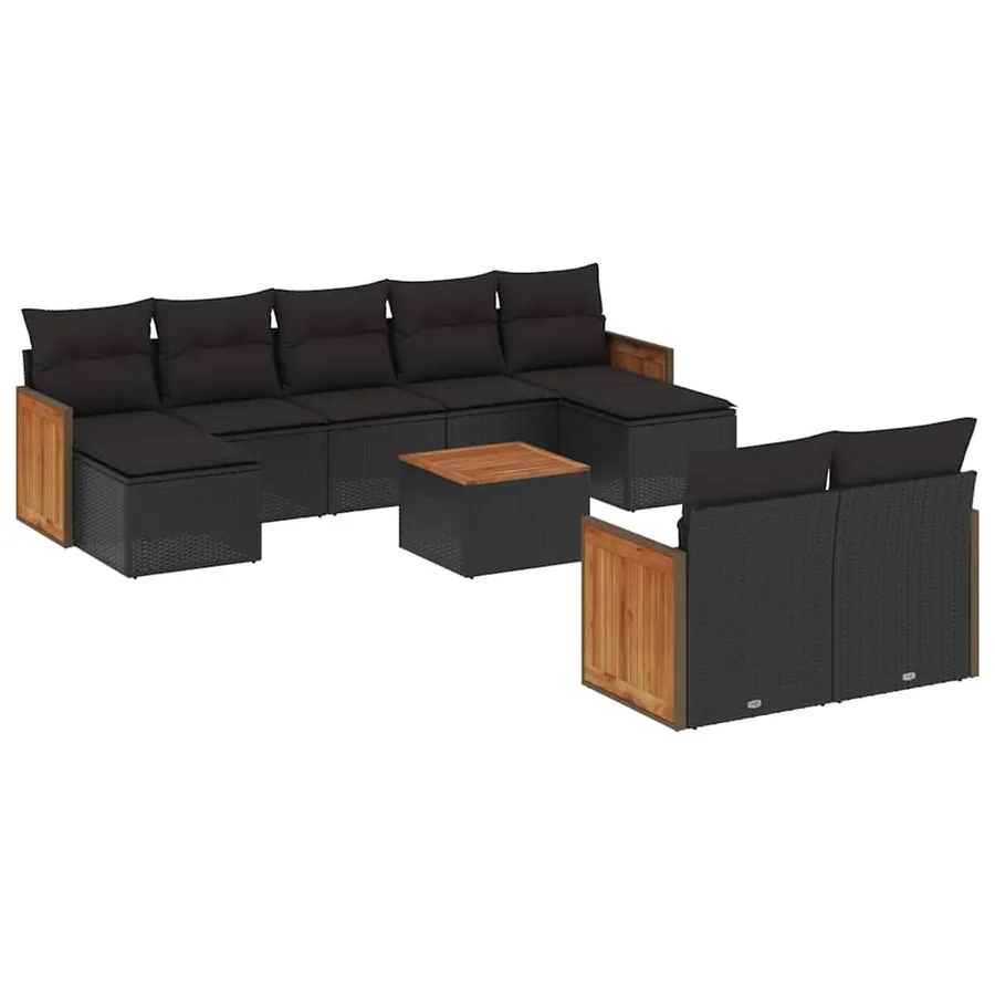 Salon de jardin 10 pcs avec coussins noir résine tressée - 2
