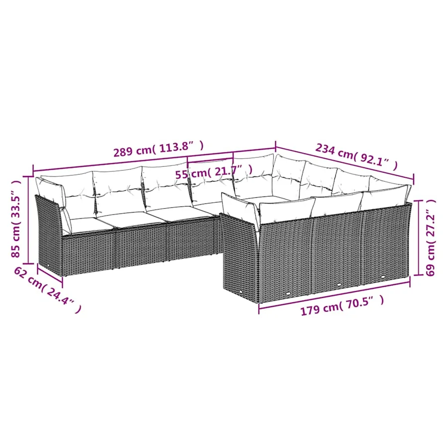 Salon de jardin 10 pcs avec coussins noir résine tressée - 3