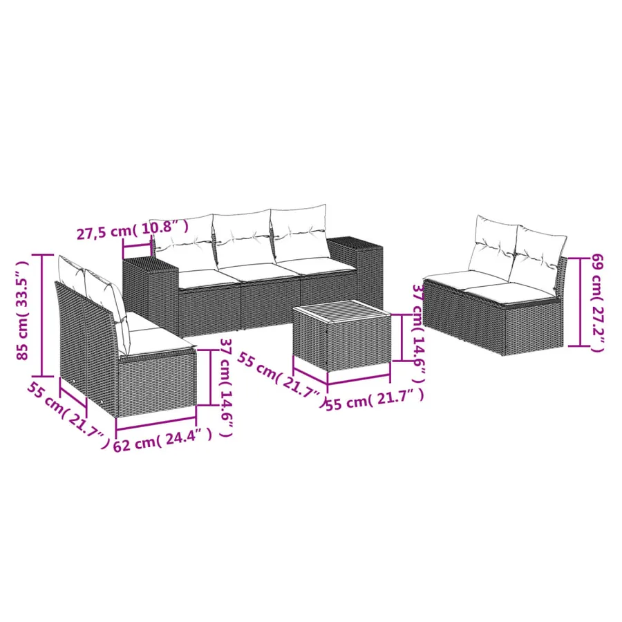 Salon de jardin 8 pcs avec coussins noir résine tressée - 3