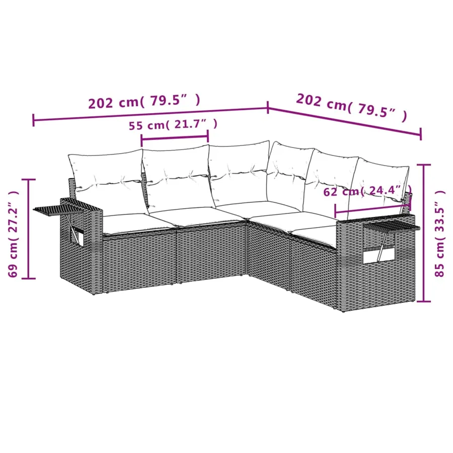 Salon de jardin 5 pcs avec coussins noir résine tressée - 8