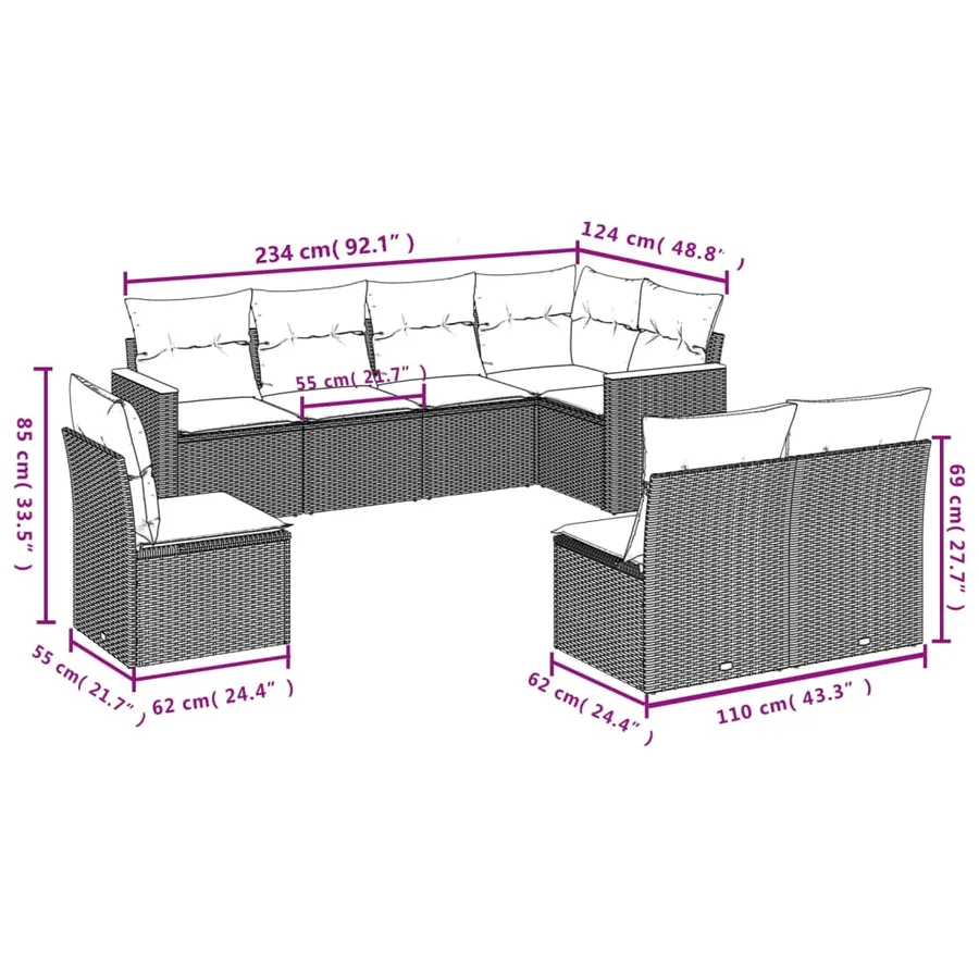 Salon de jardin 8 pcs avec coussins noir résine tressée - 7