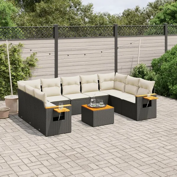 Salon de jardin 10 pcs avec coussins noir résine tressée