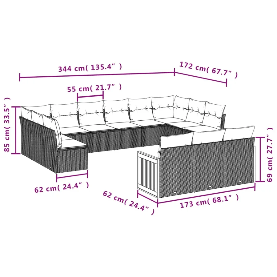 Salon de jardin avec coussins 13 pcs noir résine tressée - 7
